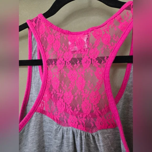 Sanrio | Hello Kitty Heather Gray Racerback Tank with Hot Pink Lace Yoke, Size S - Picture 3 of 7